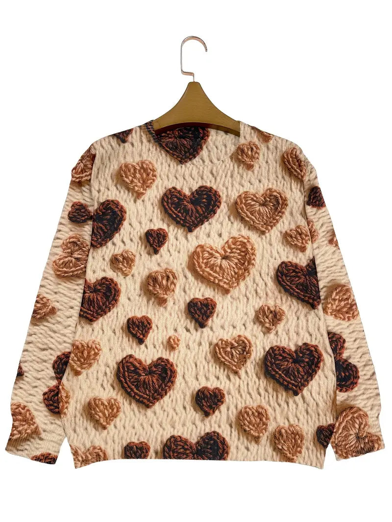 Casual Crew Neck Long Sleeve Sweater, Women's Clothing Brown Heart