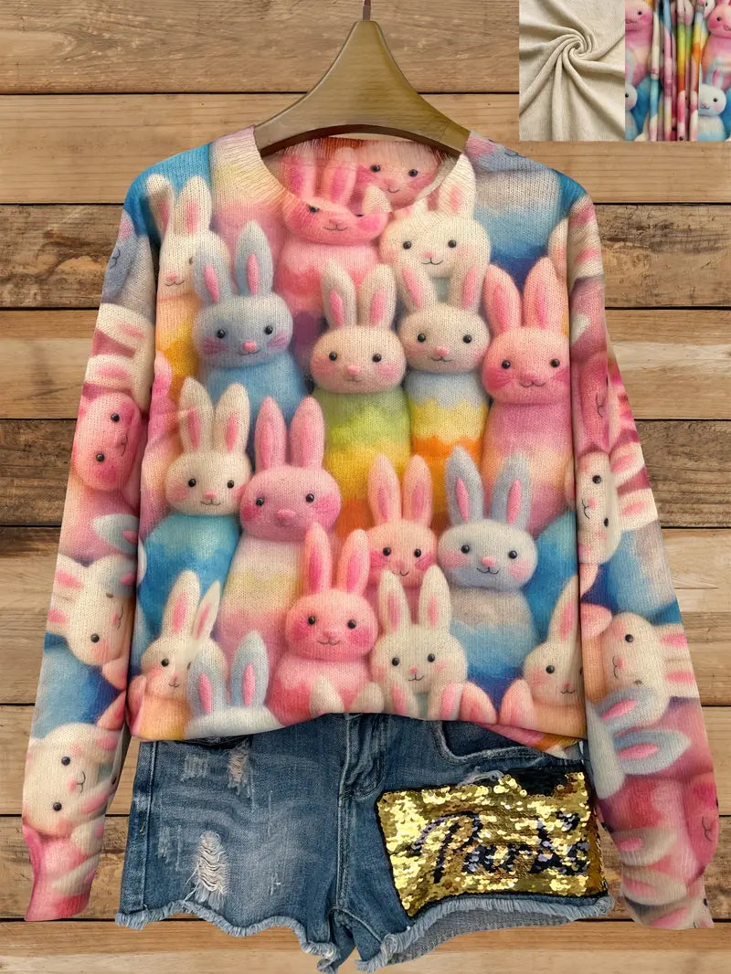Casual Crew Neck Long Sleeve Sweater, Women's Clothing Rabbit Pattern