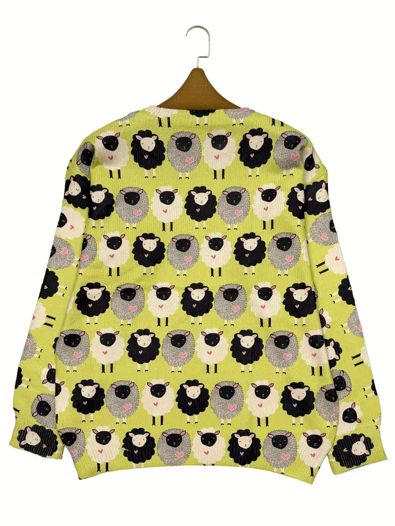 Casual Crew Neck Long Sleeve Sweater, Women's Clothing Sheep Print