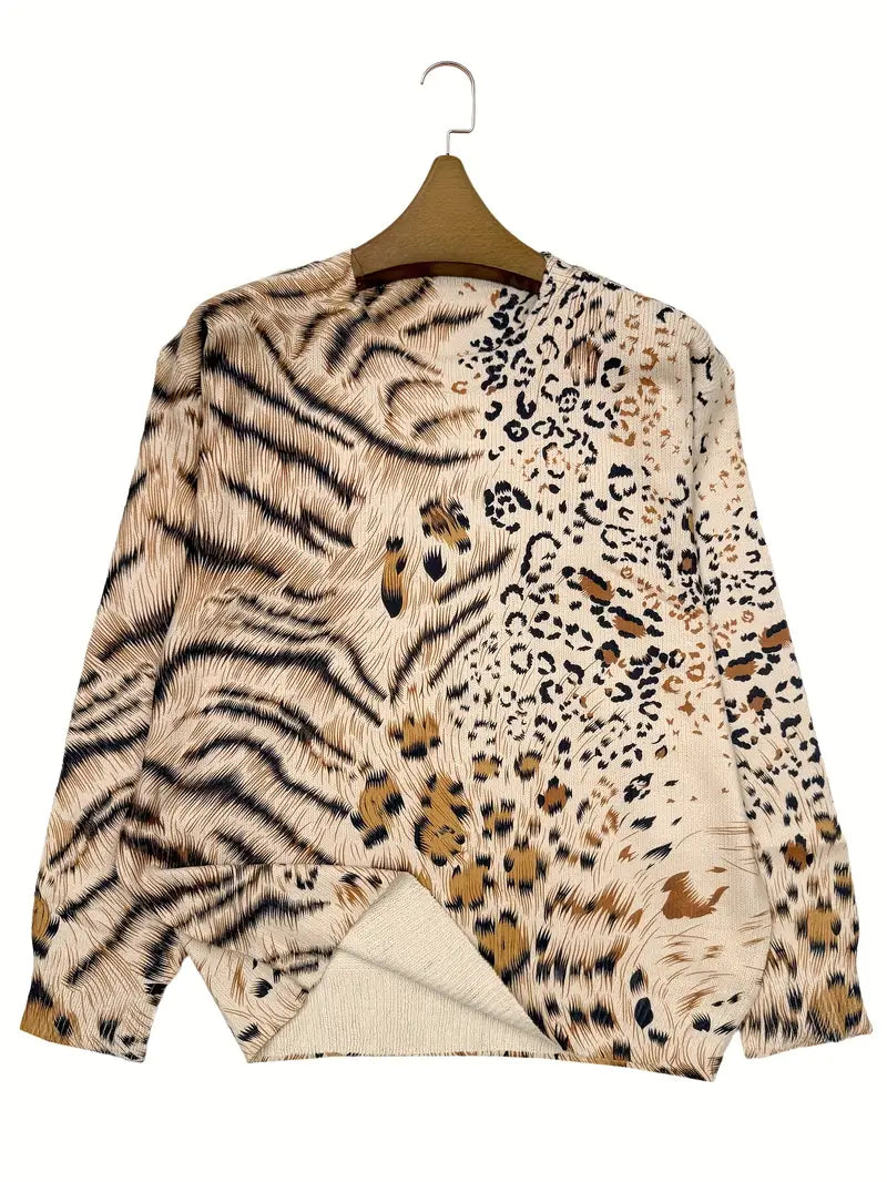 Casual Crew Neck Long Sleeve Sweater, Women's Clothing Animal Pattern