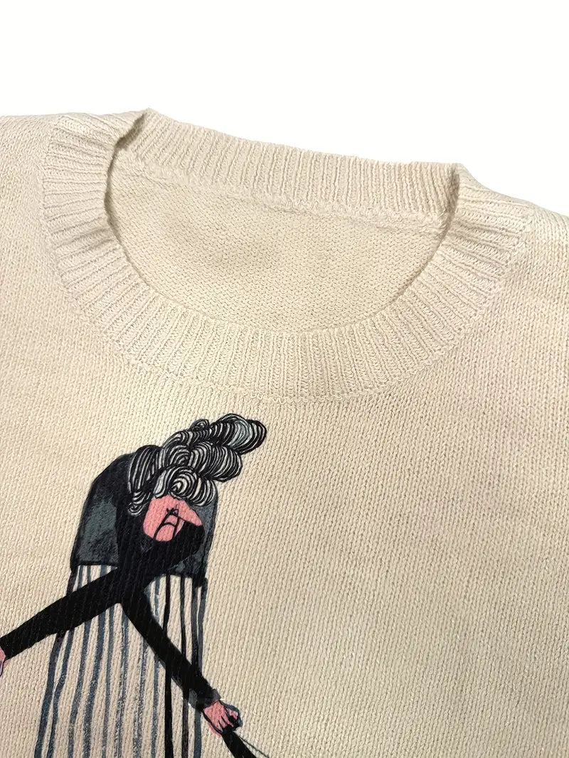 Casual Crew Neck Long Sleeve Sweater, Women's Clothing Old for Man takes a walk