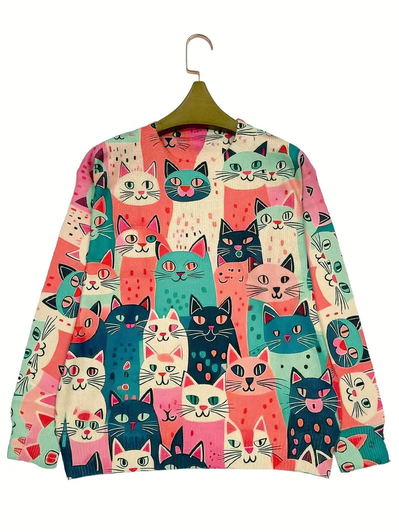 Casual Crew Neck Long Sleeve Sweater, Women's Clothing Effect Cat Print