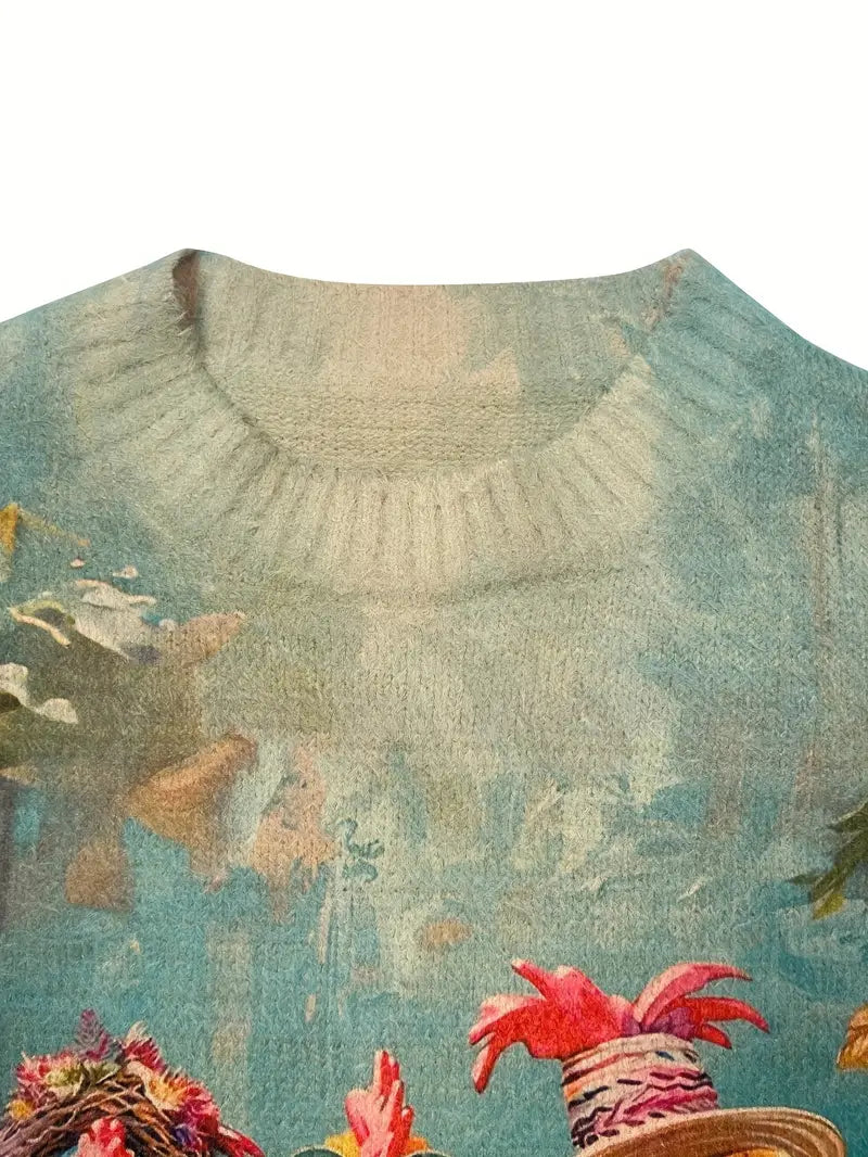 Casual Crew Neck Long Sleeve Sweater, Women's Clothing Vibrant Print