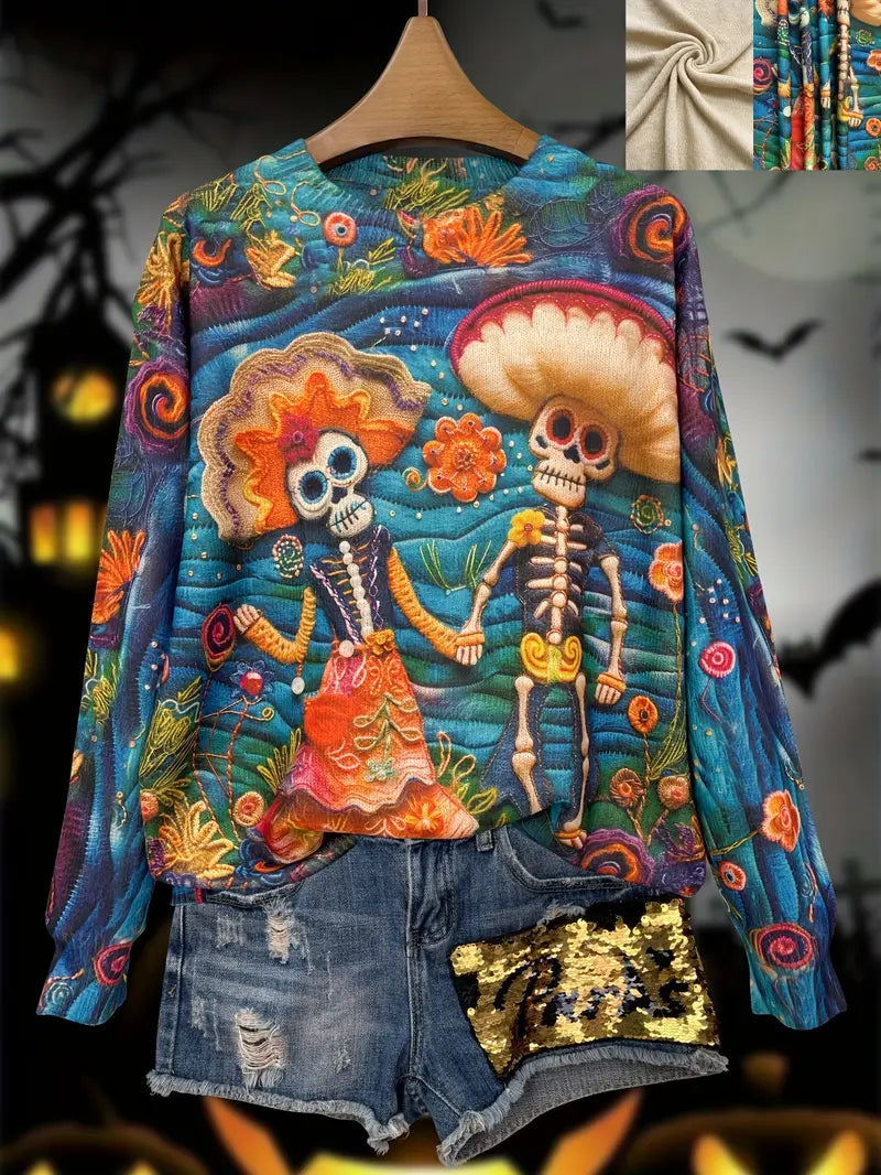 Casual Crew Neck Long Sleeve Sweater, Women's Clothing Undead Couple