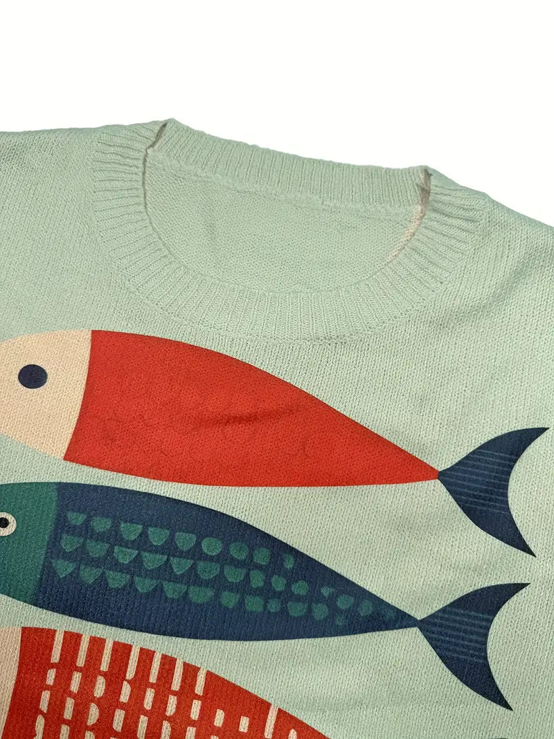 Casual Crew Neck Long Sleeve Sweater, Women's Clothing Fish Pattern