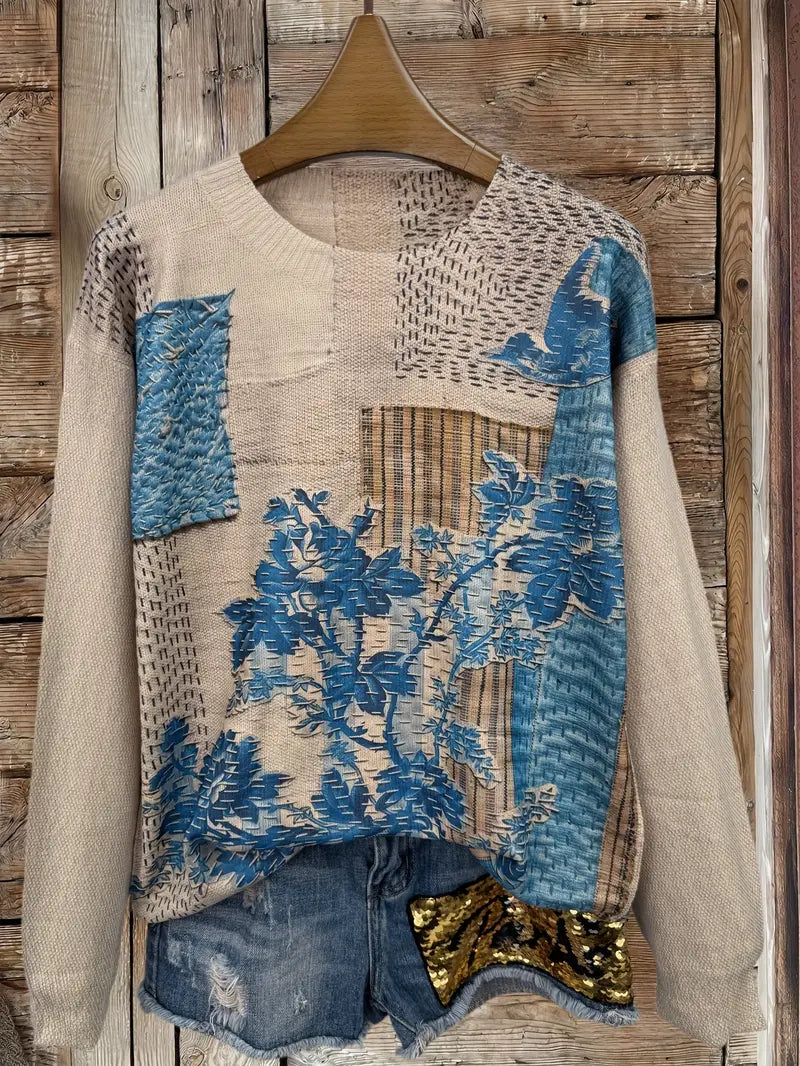 Casual Crew Neck Long Sleeve Sweater, Women's Clothing Floral & Bird