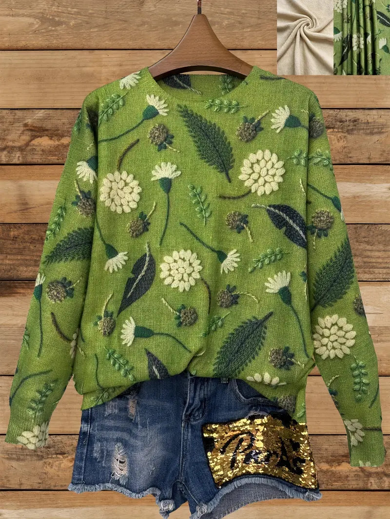 Casual Crew Neck Long Sleeve Sweater, Women's Clothing Dandelion Print