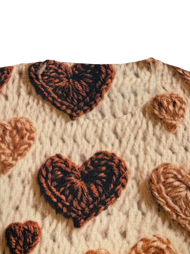 Casual Crew Neck Long Sleeve Sweater, Women's Clothing Brown Heart