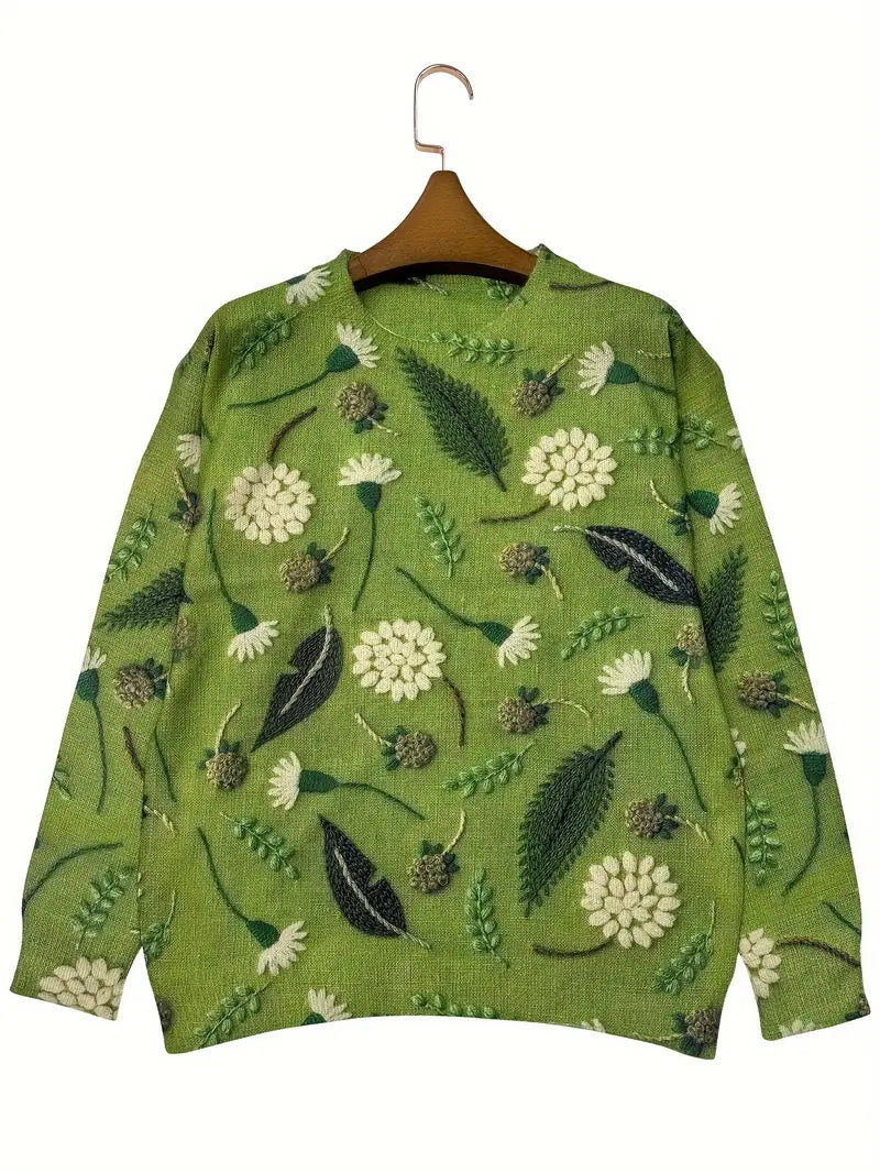 Casual Crew Neck Long Sleeve Sweater, Women's Clothing Dandelion Print