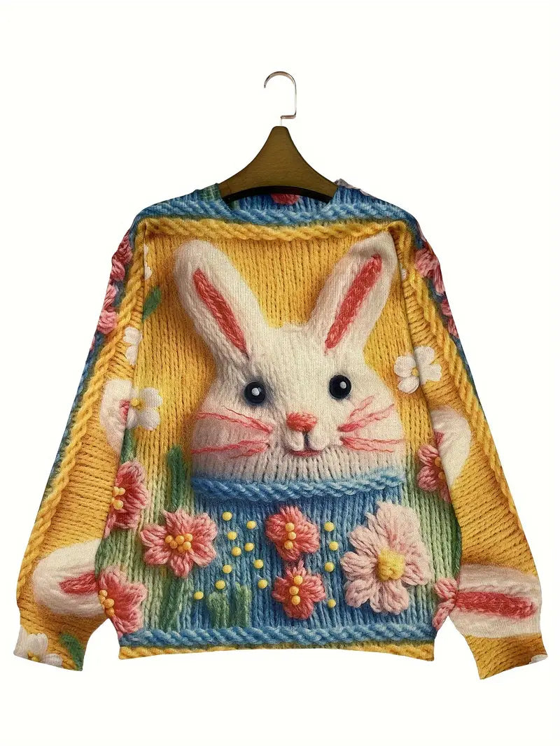 Casual Crew Neck Long Sleeve Sweater, Women's Clothing Rabbit Pattern