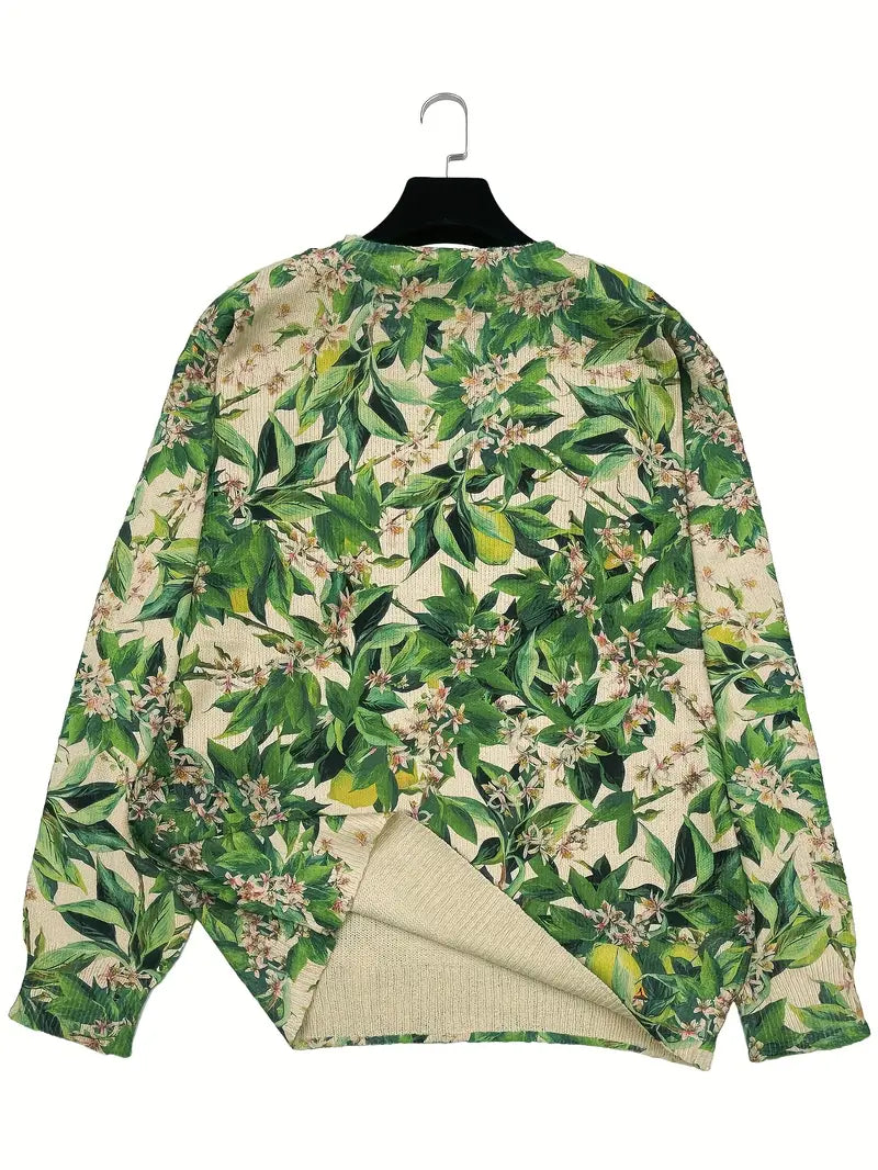 Casual Crew Neck Long Sleeve Sweater, Women's Clothing Green & White Floral