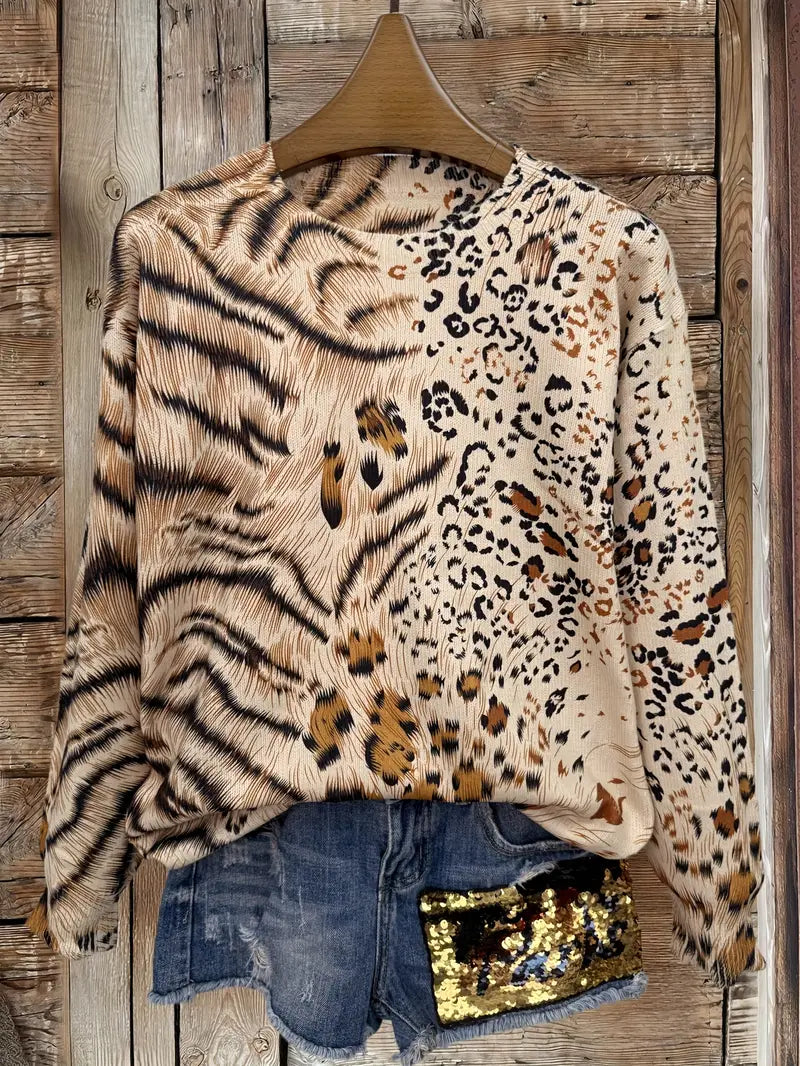 Casual Crew Neck Long Sleeve Sweater, Women's Clothing Animal Pattern