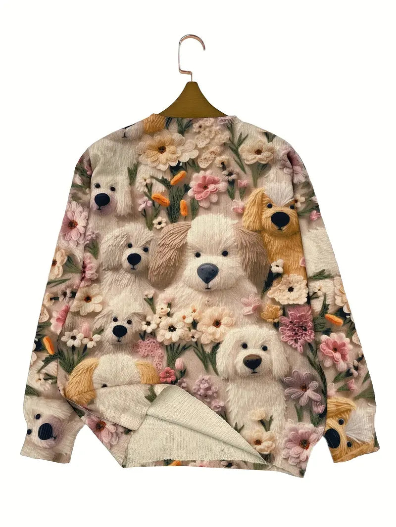 Casual Crew Neck Long Sleeve Sweater, Women's Clothing Puppy Print