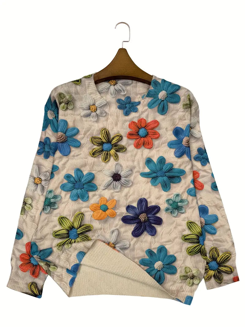 Casual Crew Neck Long Sleeve Sweater, Women's Clothing Raven and Flower