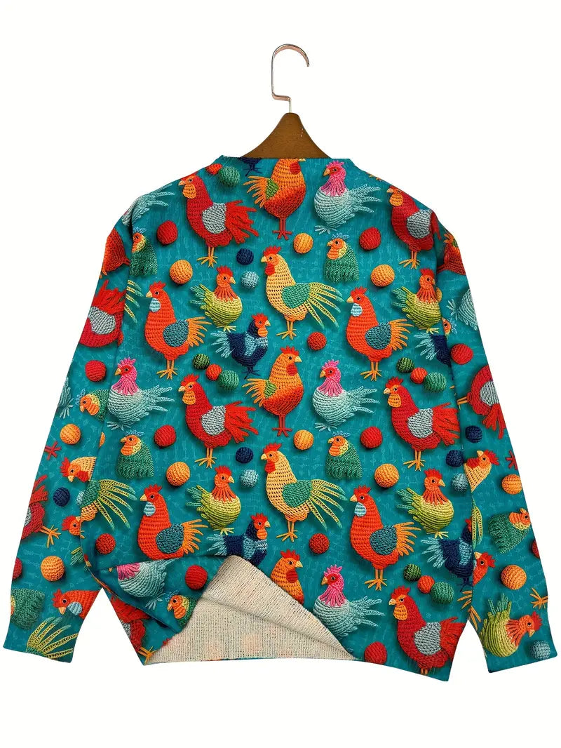 Casual Crew Neck Long Sleeve Sweater, Women's Clothing Chicken Print