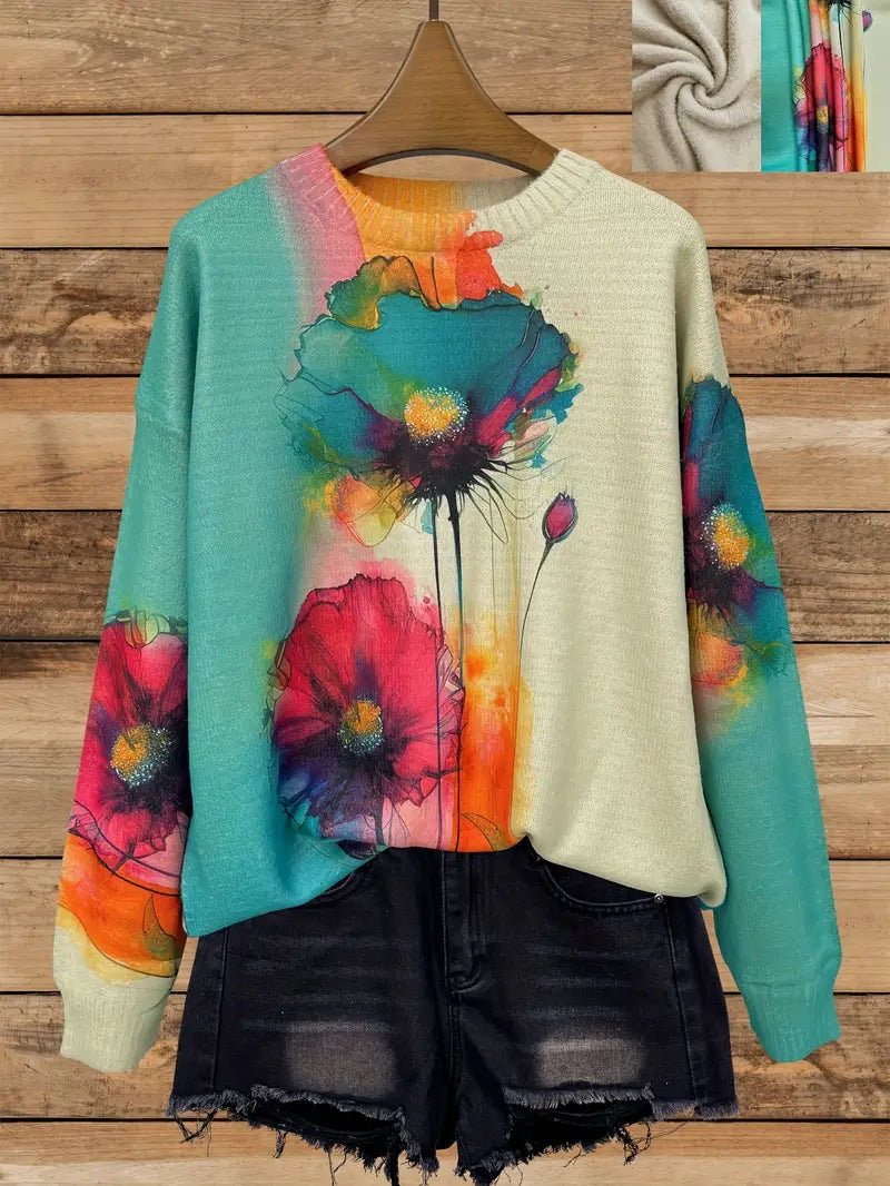 Casual Crew Neck Long Sleeve Sweater, Women's Clothing All-Over Floral Print