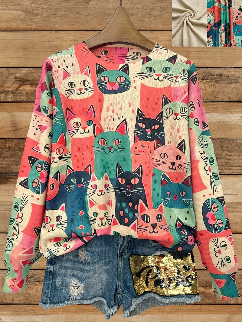 Casual Crew Neck Long Sleeve Sweater, Women's Clothing Effect Cat Print