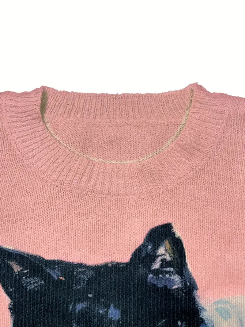 Casual Crew Neck Long Sleeve Sweater, Women's Clothing Black cat