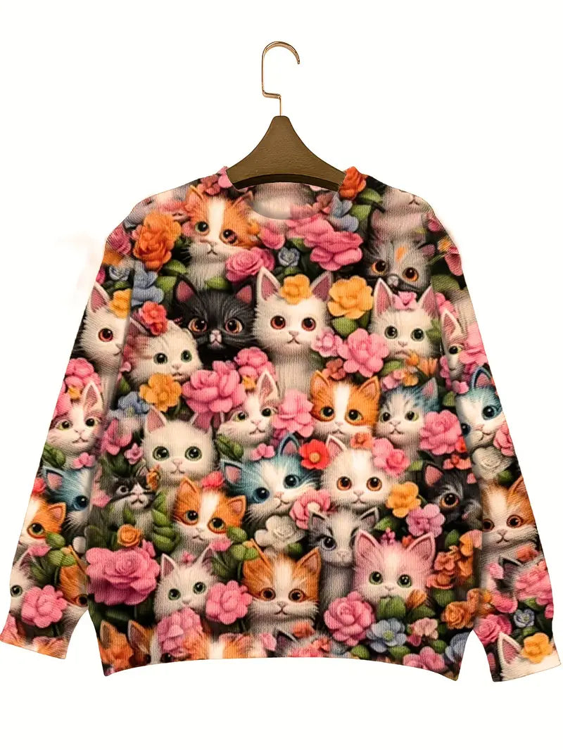 Casual Crew Neck Long Sleeve Sweater, Women's Clothing Cat & Floral Print