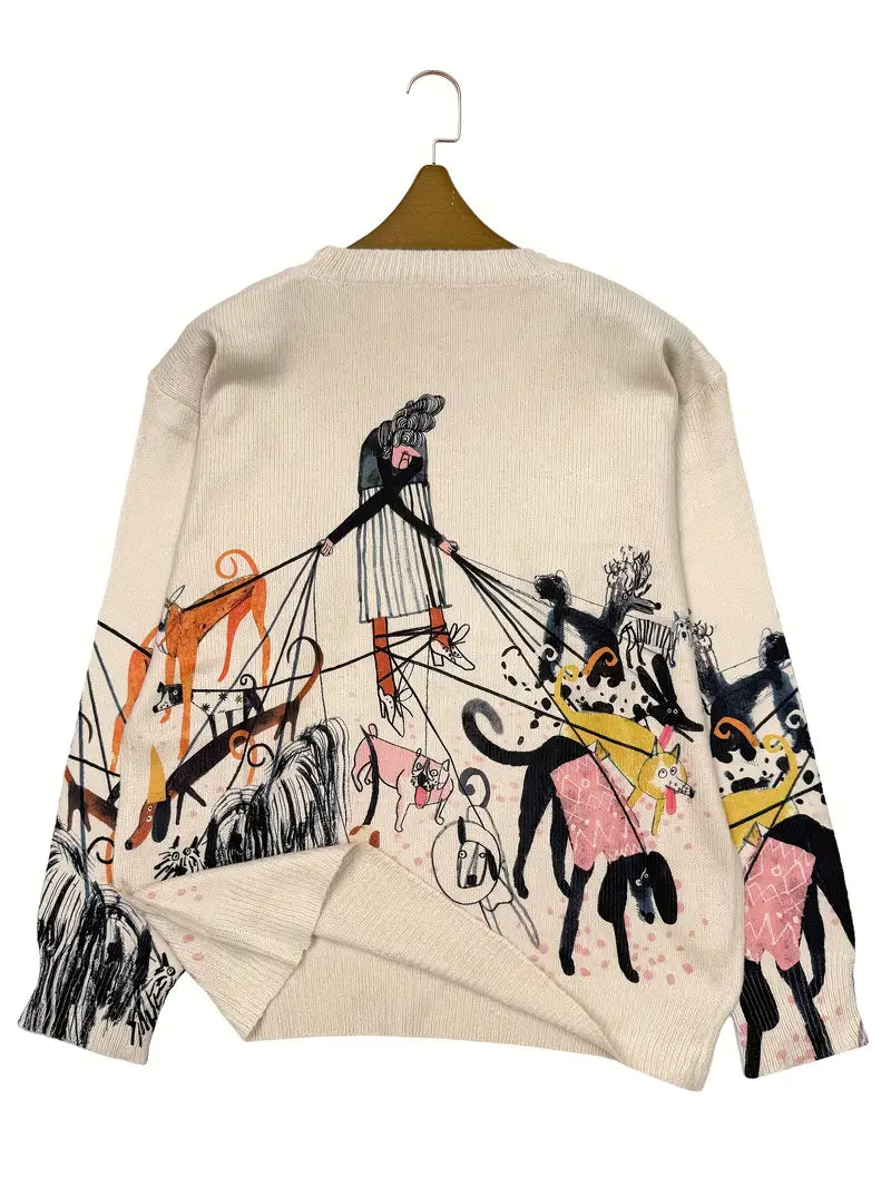 Casual Crew Neck Long Sleeve Sweater, Women's Clothing Old for Man takes a walk