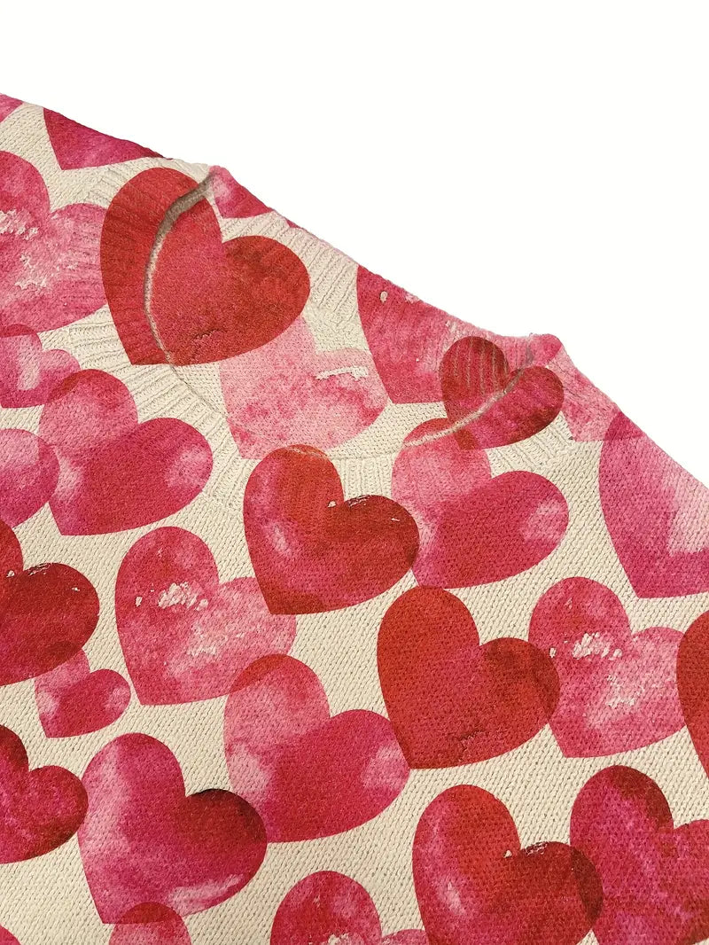 Casual Crew Neck Long Sleeve Sweater, Women's Clothing Beige & Red Heart