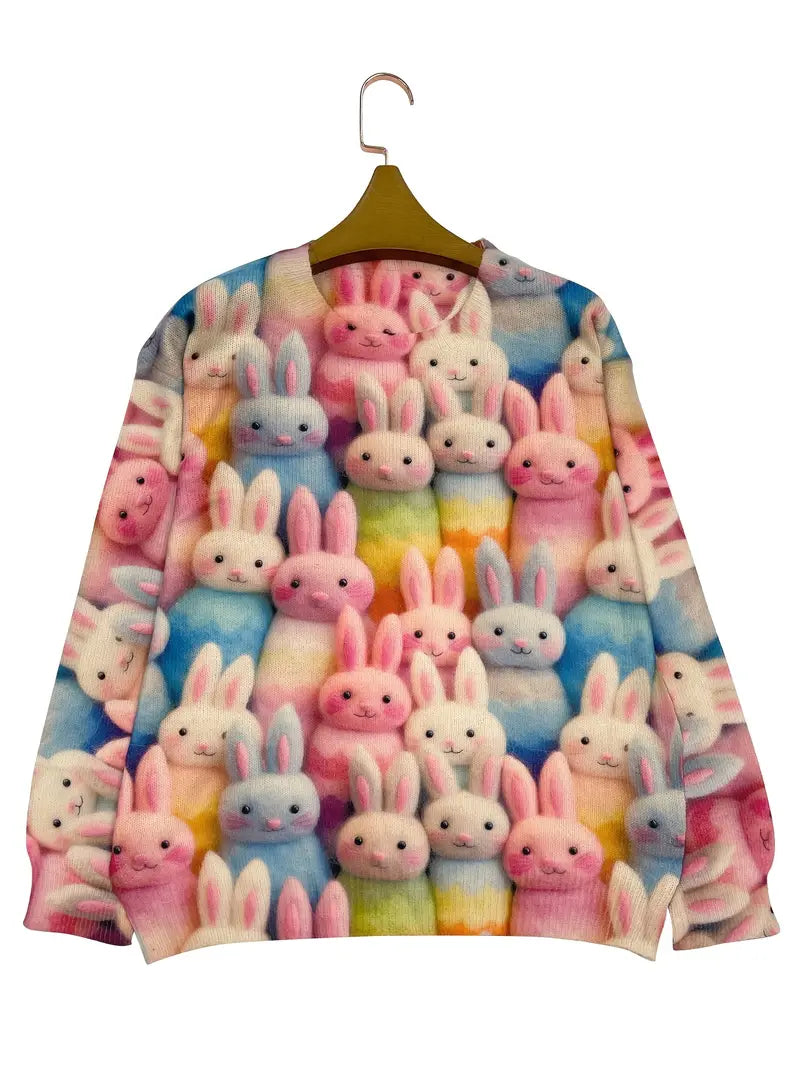 Casual Crew Neck Long Sleeve Sweater, Women's Clothing Rabbit Pattern