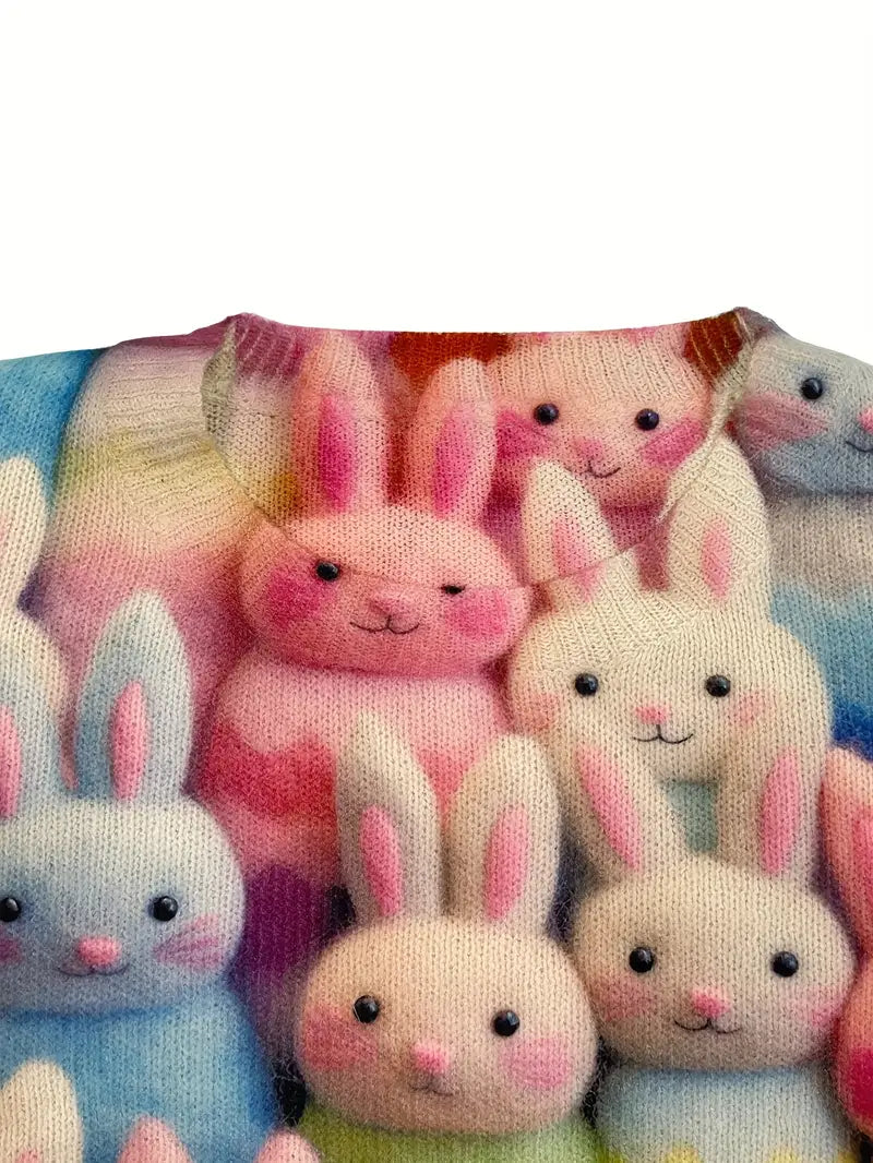 Casual Crew Neck Long Sleeve Sweater, Women's Clothing Rabbit Pattern