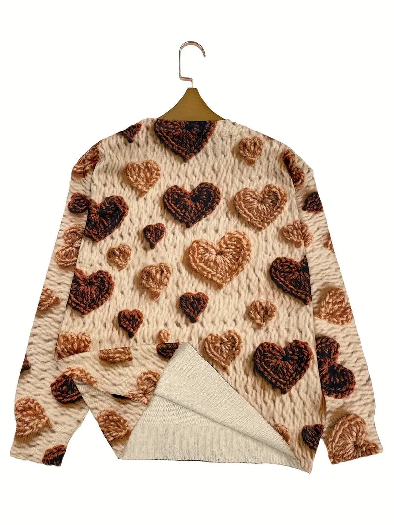Casual Crew Neck Long Sleeve Sweater, Women's Clothing Brown Heart