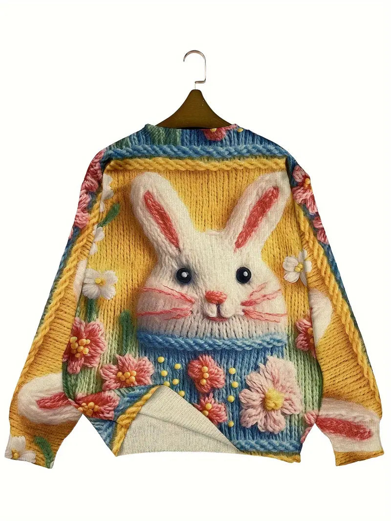 Casual Crew Neck Long Sleeve Sweater, Women's Clothing Rabbit Pattern