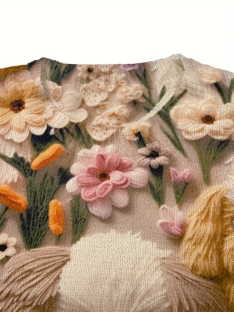 Casual Crew Neck Long Sleeve Sweater, Women's Clothing Puppy Print