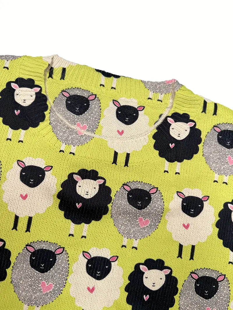 Casual Crew Neck Long Sleeve Sweater, Women's Clothing Sheep Print