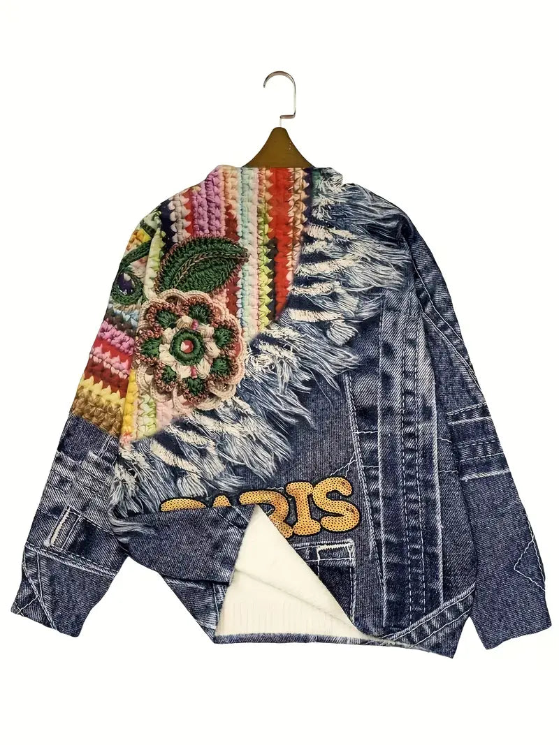 Casual Crew Neck Long Sleeve Sweater, Women's Clothing Floral & Geometric