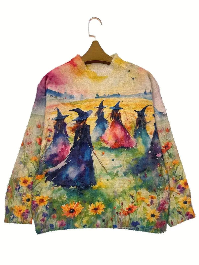 Casual Crew Neck Long Sleeve Sweater, Women's Clothing Halloween Witches