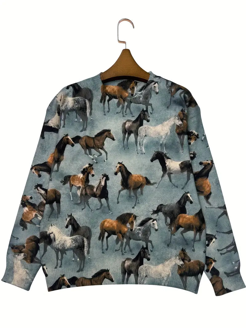 Casual Crew Neck Long Sleeve Sweater, Women's Clothing Horse Herd Print