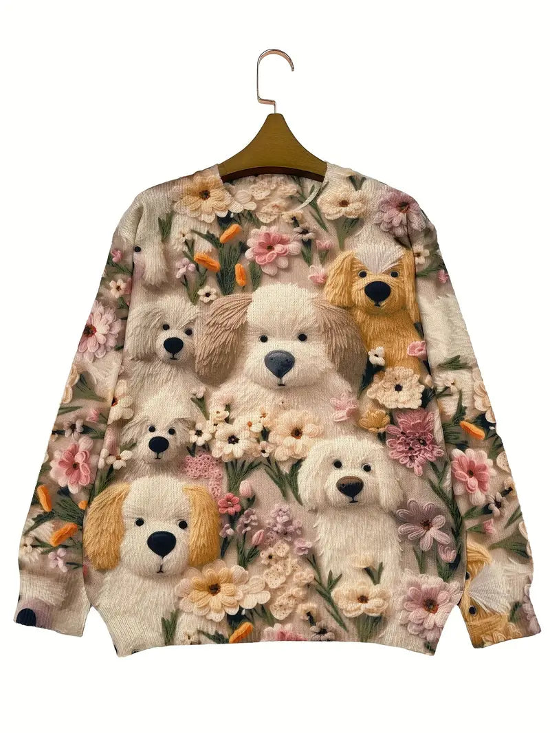 Casual Crew Neck Long Sleeve Sweater, Women's Clothing Puppy Print