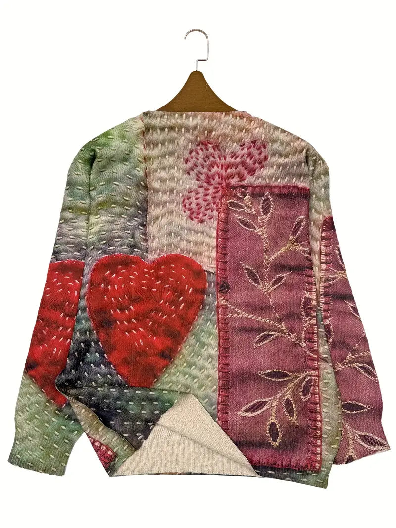 Casual Crew Neck Long Sleeve Sweater, Women's Clothing Heart & Floral Patchwork