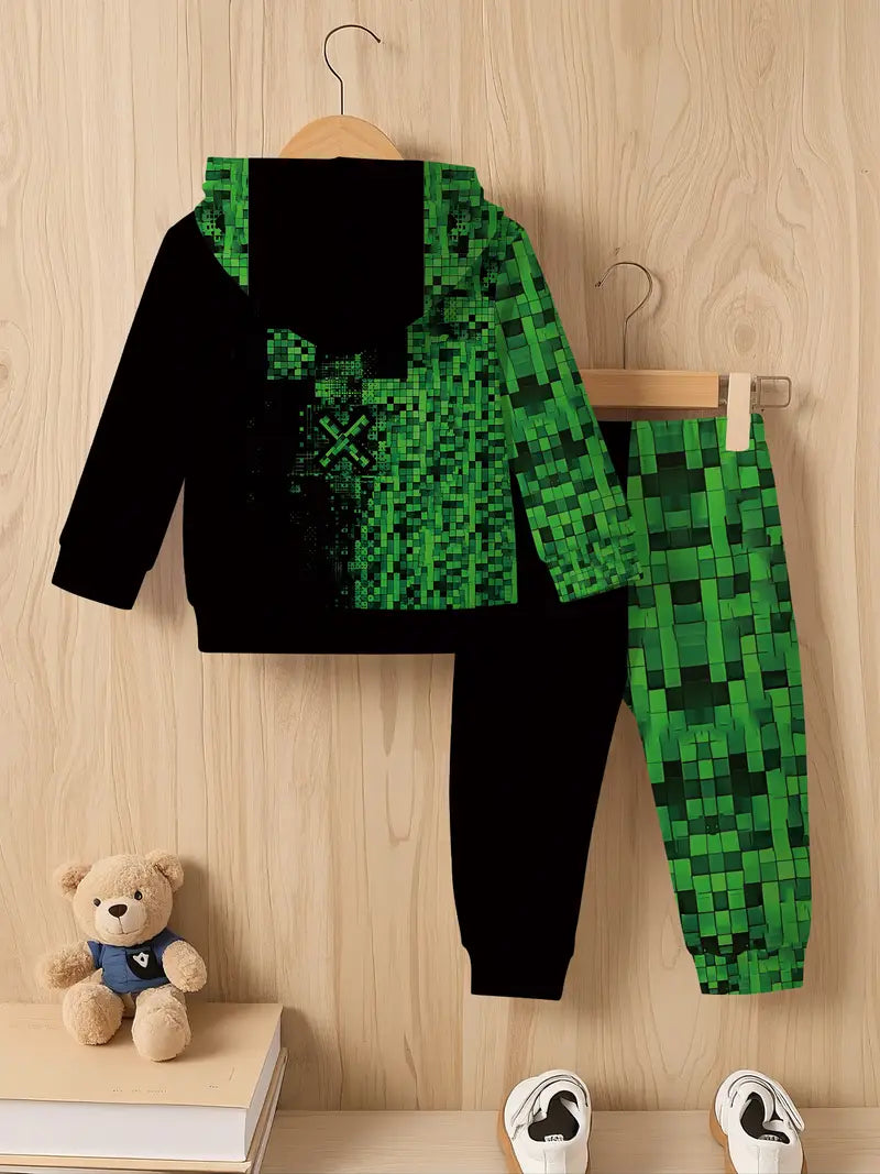Baby Boys & Girls Hoodie Set Green & Black Pixelated