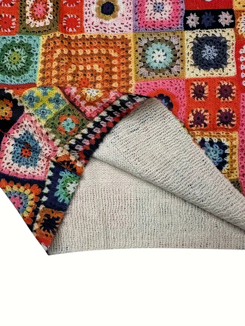 Casual Crew Neck Long Sleeve Sweater, Women's Clothing Rectangle Pattern