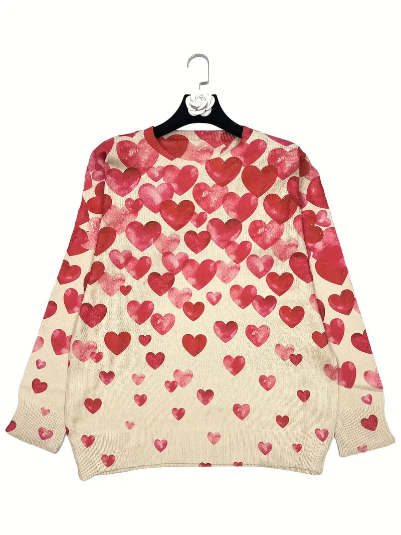 Casual Crew Neck Long Sleeve Sweater, Women's Clothing Beige & Red Heart