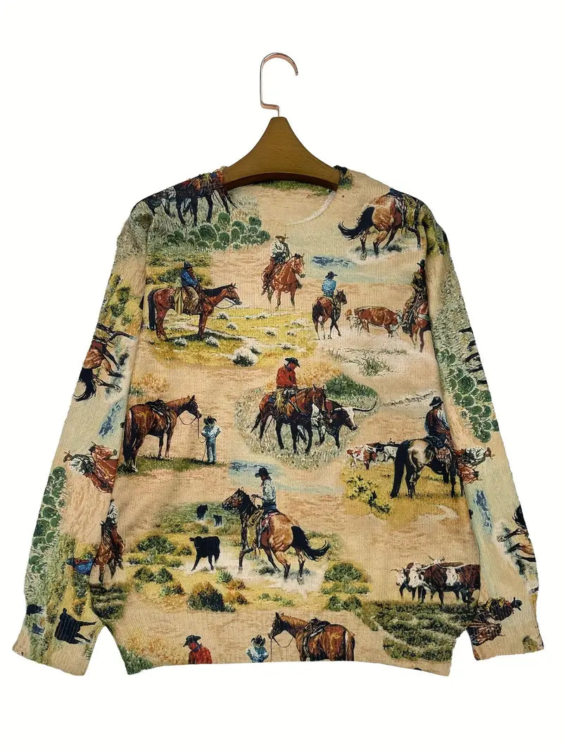 Casual Crew Neck Long Sleeve Sweater, Women's Clothing Western Cowboy