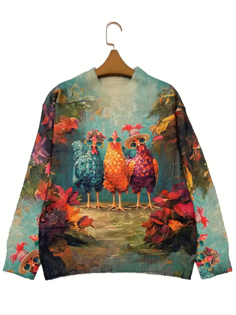 Casual Crew Neck Long Sleeve Sweater, Women's Clothing Vibrant Print
