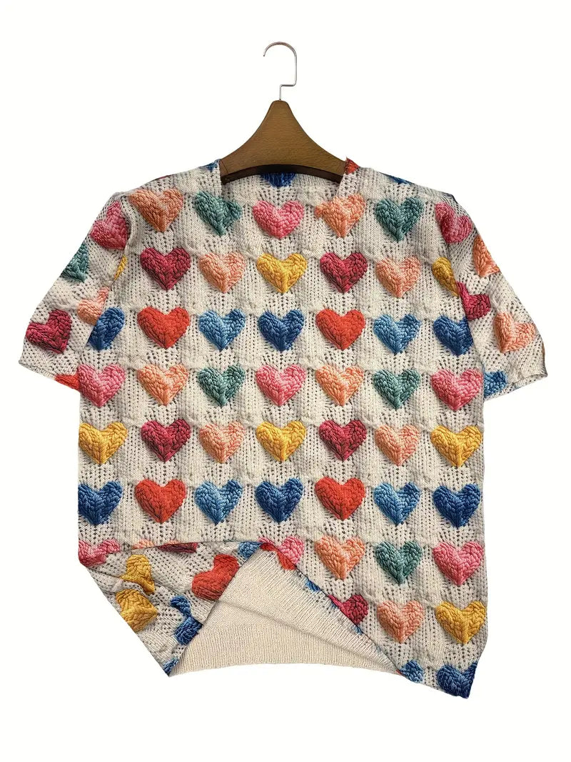Casual Crew Neck Long Sleeve Sweater, Women's Clothing Multicolor Heart