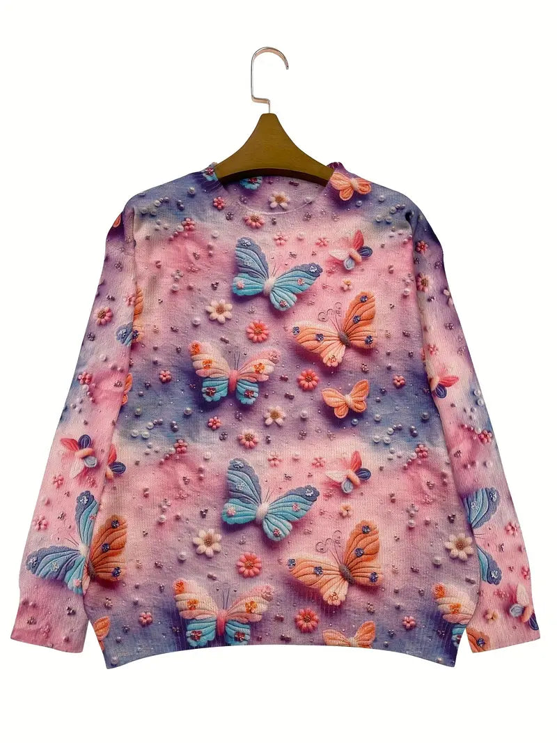 Casual Crew Neck Long Sleeve Sweater, Women's Clothing Shiny Butterfly
