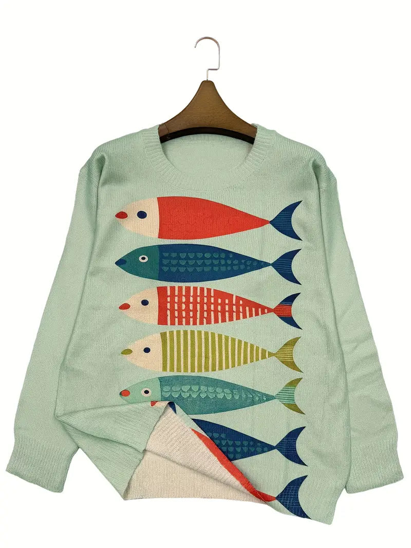 Casual Crew Neck Long Sleeve Sweater, Women's Clothing Fish Pattern