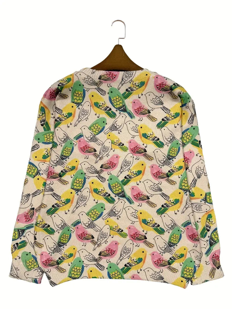 Casual Crew Neck Long Sleeve Sweater, Women's Clothing Parrot & Palm Tree