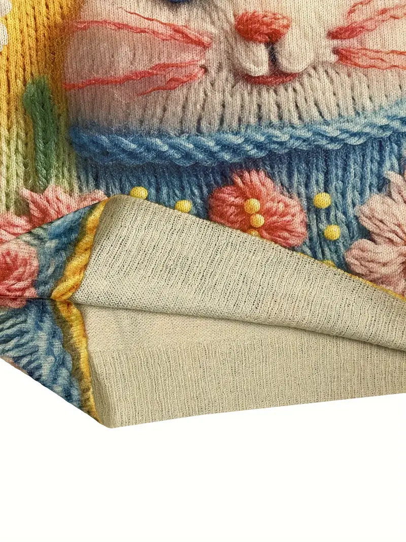 Casual Crew Neck Long Sleeve Sweater, Women's Clothing Rabbit Pattern