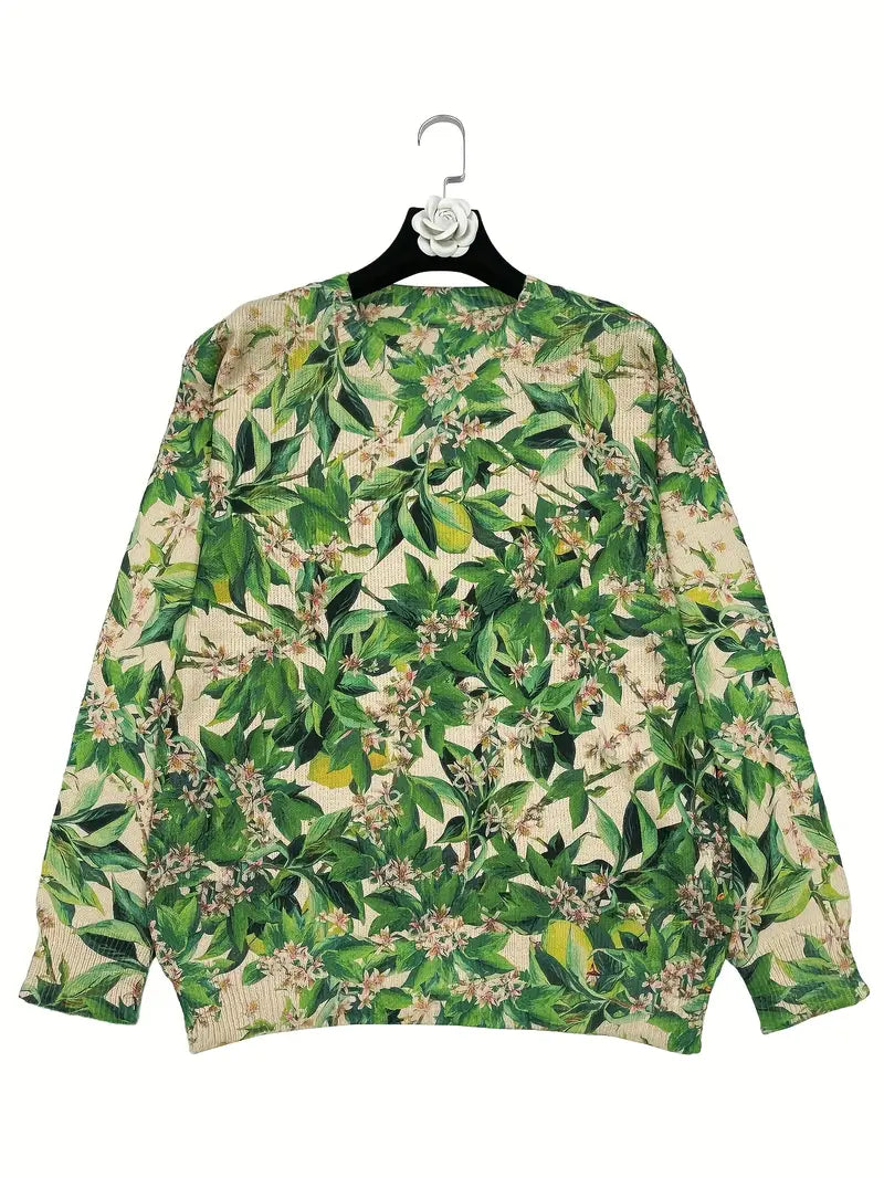 Casual Crew Neck Long Sleeve Sweater, Women's Clothing Green & White Floral