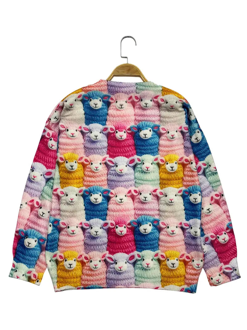 Casual Crew Neck Long Sleeve Sweater, Women's Clothing Sheep Print