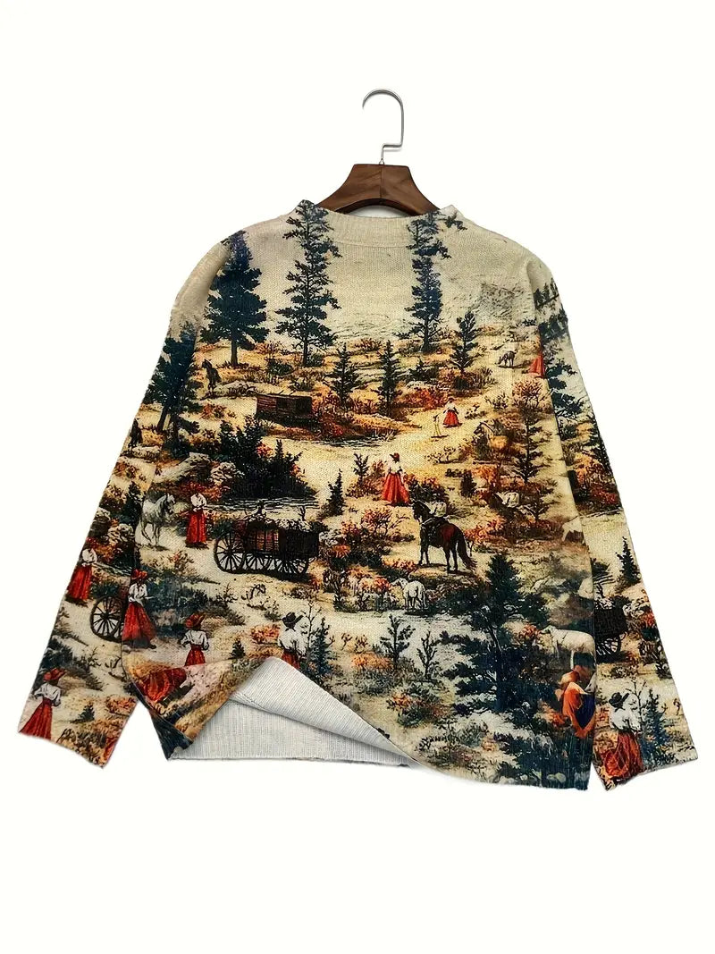 Casual Crew Neck Long Sleeve Sweater, Women's Clothing Vintage Autumn Forest