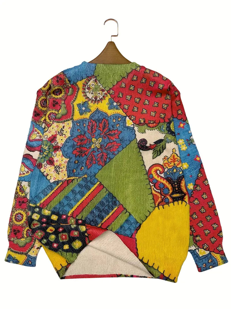 Casual Crew Neck Long Sleeve Sweater, Women's Clothing Vibrant Floral & Geometric